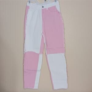 Shein Womens Color Block Fringe Jeans Size S 4 White Pink Patchwork High Rise